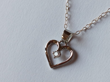 silver chain with 3 mm white zirconia heart pendant-anchor chain 45 cm-